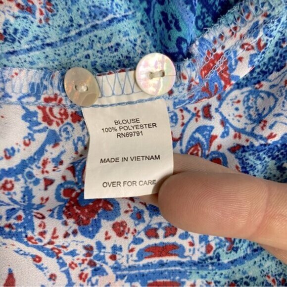 Fig And Flower Blue Red White Multi Print Boho tTie Front Semi Sheer Blouse M - Picture 4 of 15